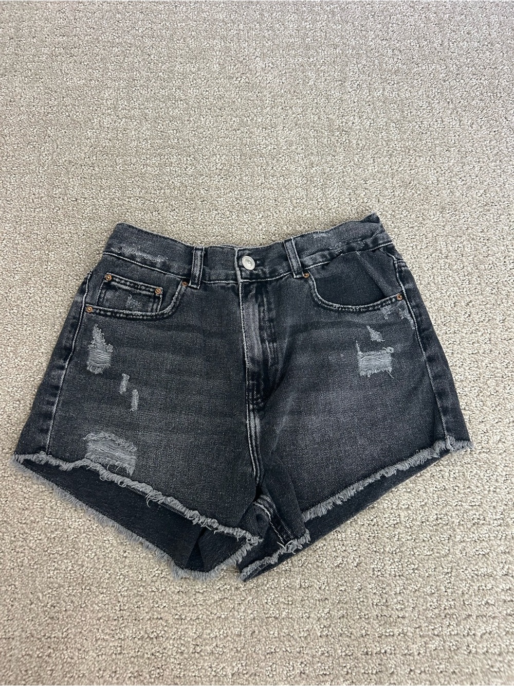Zara Women's Distressed High-Waist Black Denim Shorts
